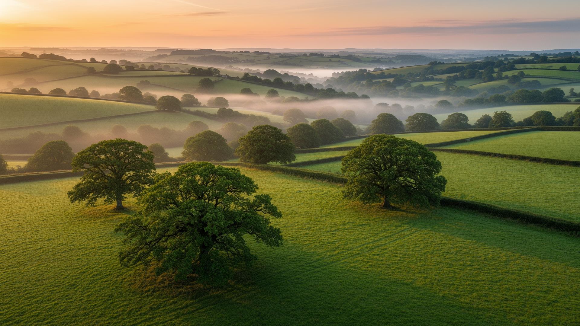Rolling English countryside at sunrise, mature oak trees and morning mist